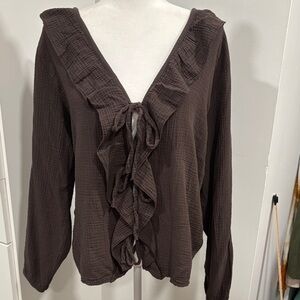 Chic Ruffle Front Blouse in Deep Brown